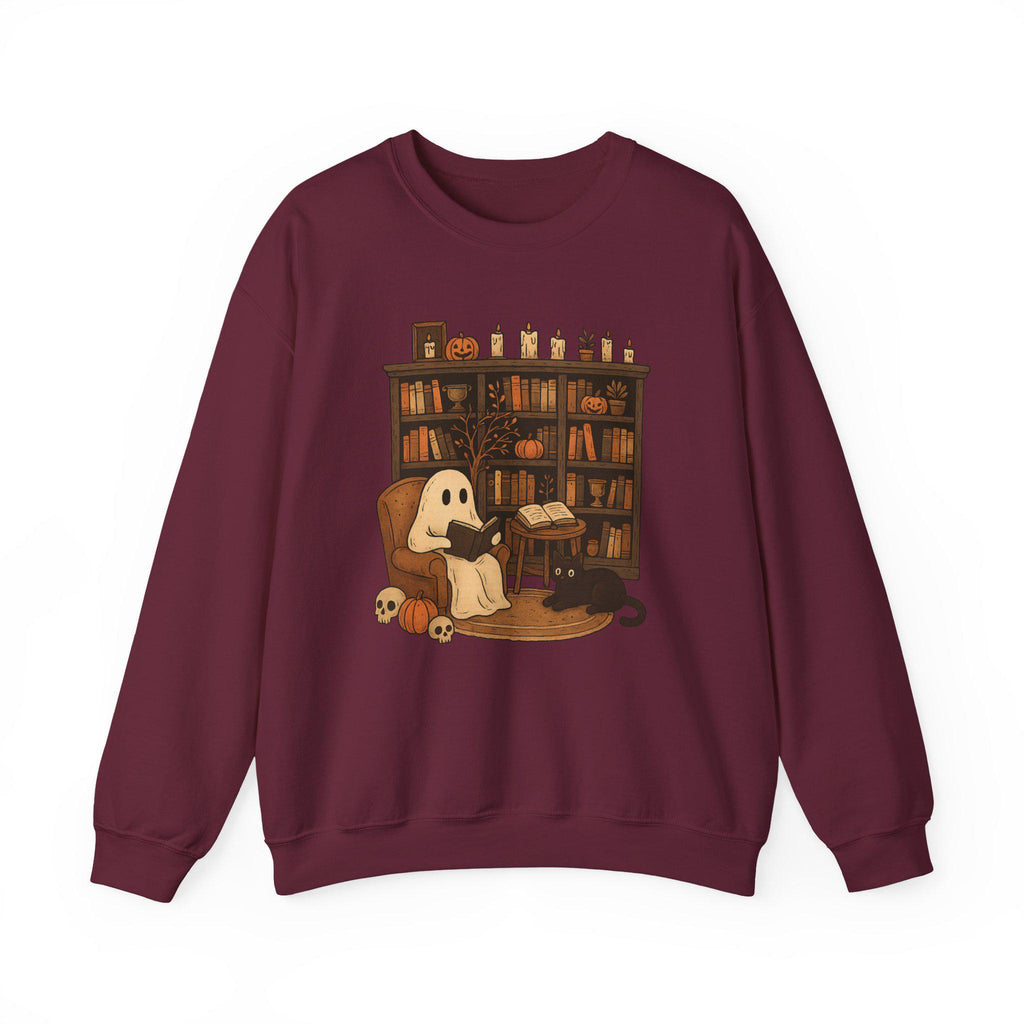 Cozy Halloween Sweatshirt with Ghost and Book Design, Fall Fashion, Spooky Season Essential, Gift for Book Lovers