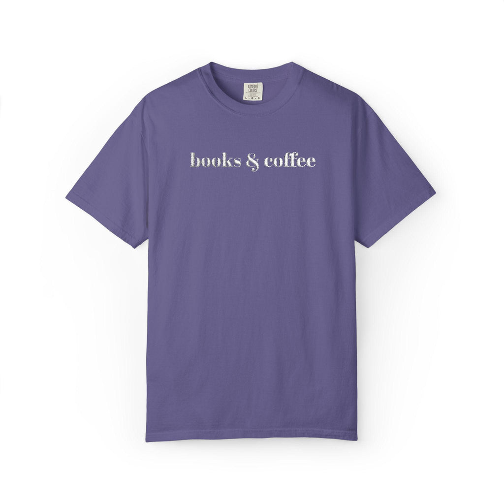Books & Coffee Embroidered Comfort Colors 1717 Tee | Cozy Reader Gift Shirt