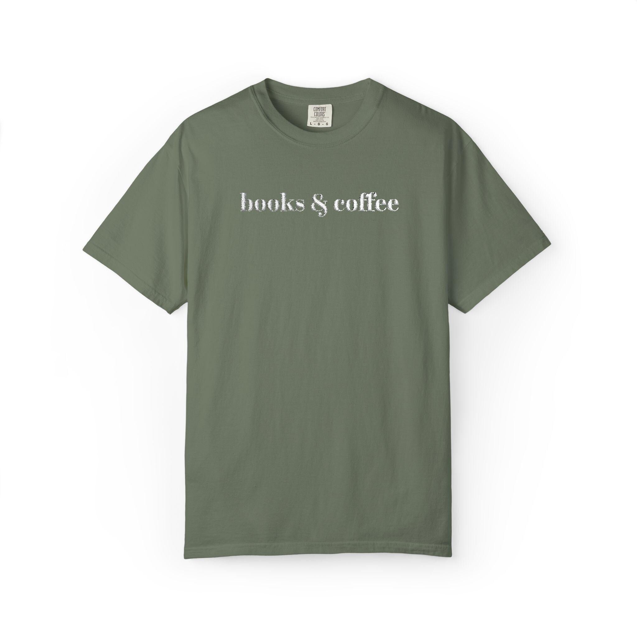 Books & Coffee Embroidered Comfort Colors 1717 Tee | Cozy Reader Gift Shirt