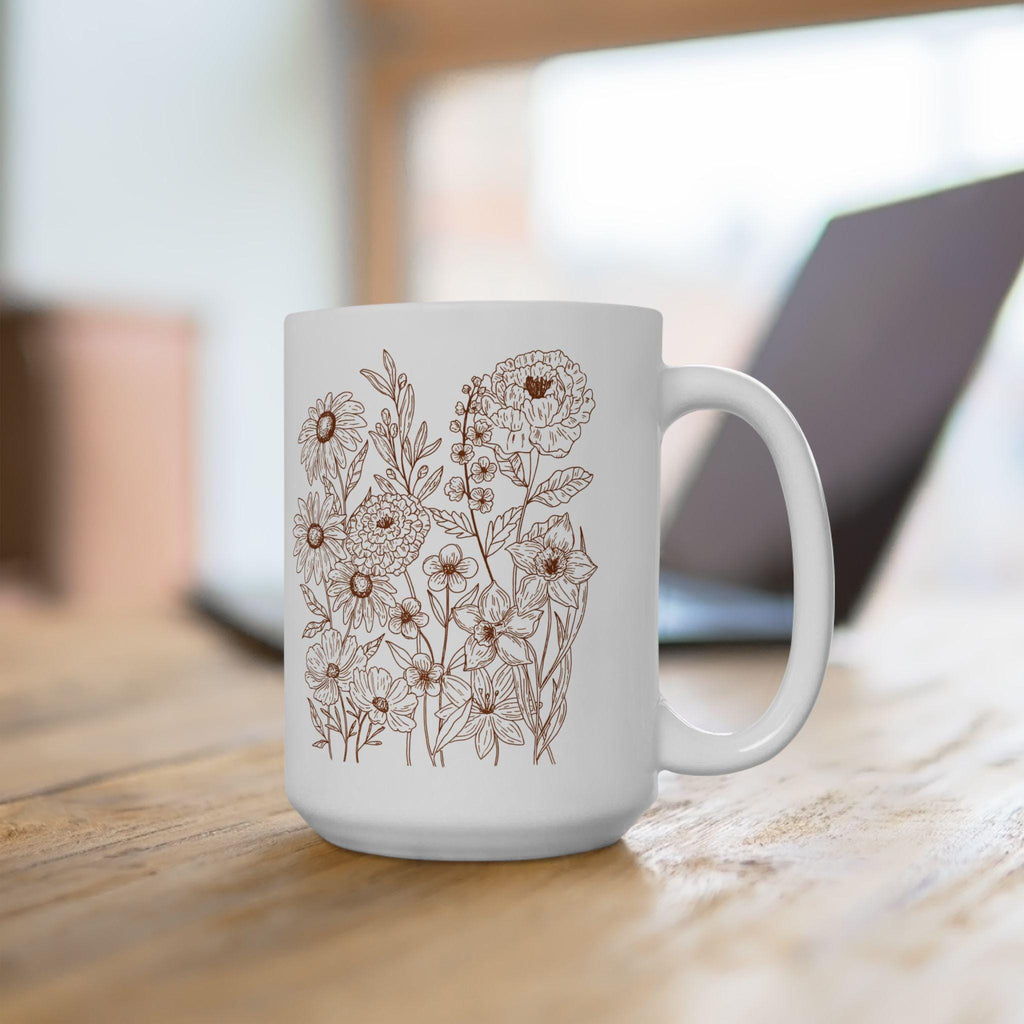 Floral Design Ceramic Mug, Botanical Coffee Cup, Gift for Her, Tea Lovers Mug, Flower Motif Drinkware