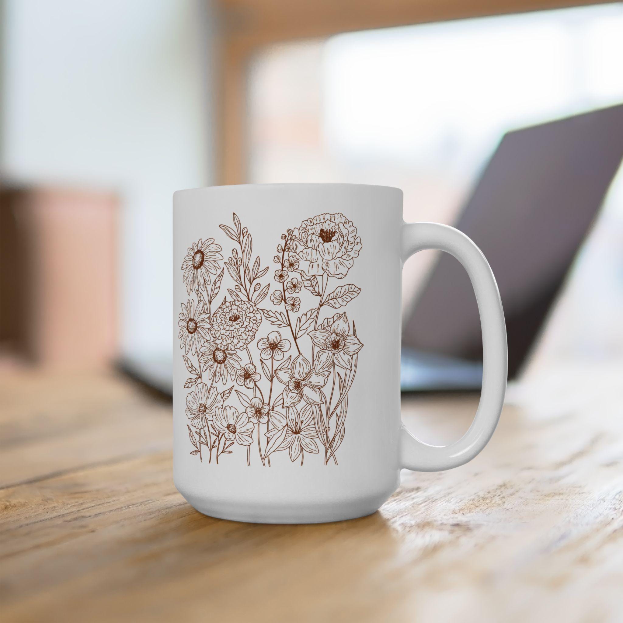 Floral Design Ceramic Mug, Botanical Coffee Cup, Gift for Her, Tea Lovers Mug, Flower Motif Drinkware