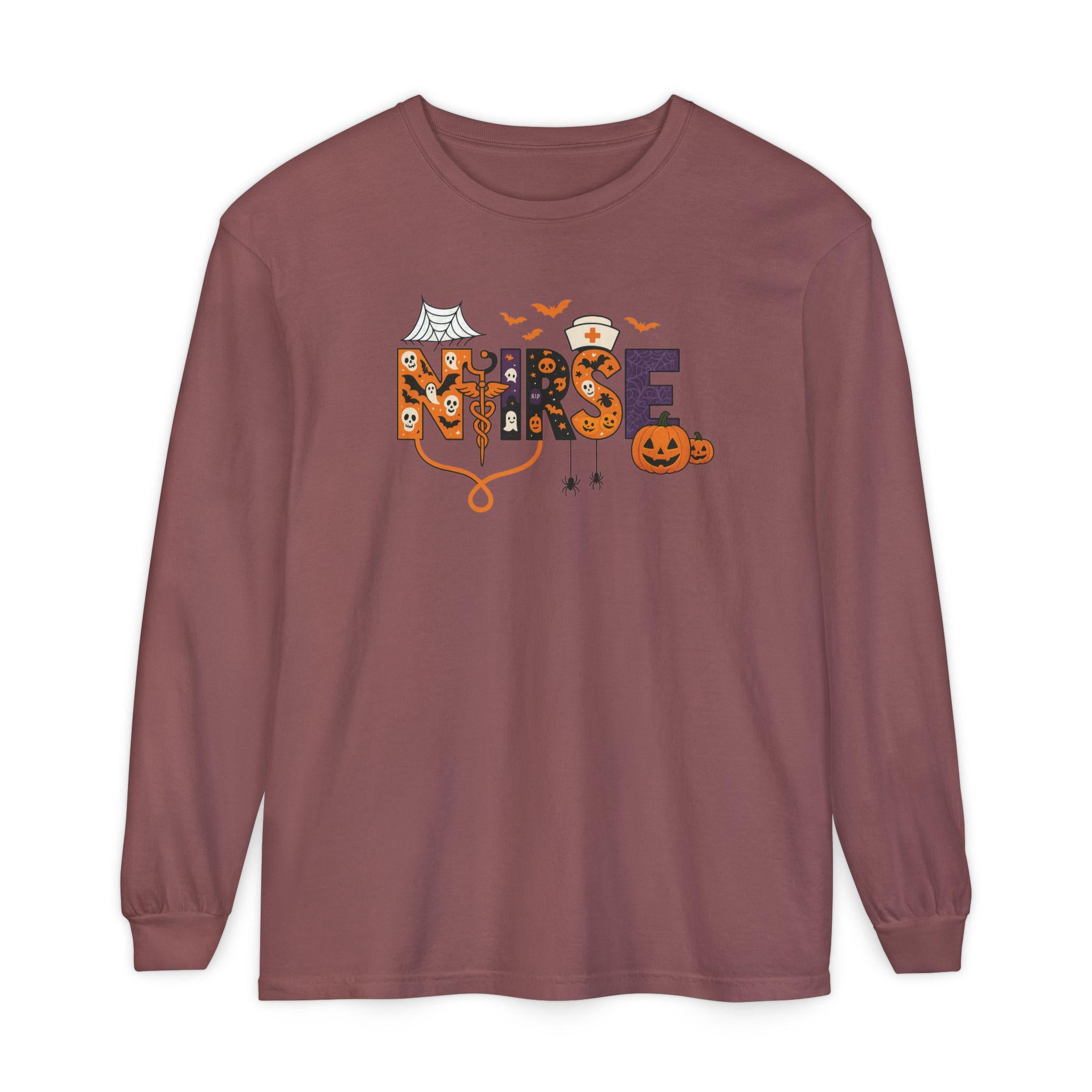 Halloween Nurse Long Sleeve T-Shirt, Spooky Nurse Shirt, Fall Apparel, Costume Tee, Gift for Healthcare Workers, Holiday Wear