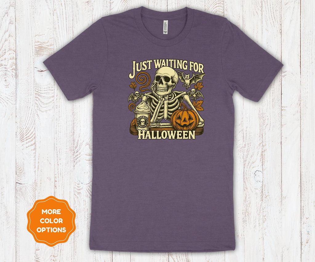 Just Waiting for Halloween | Retro Pumpkin & Skeleton | Bella Canvas Cotton Unisex Tee