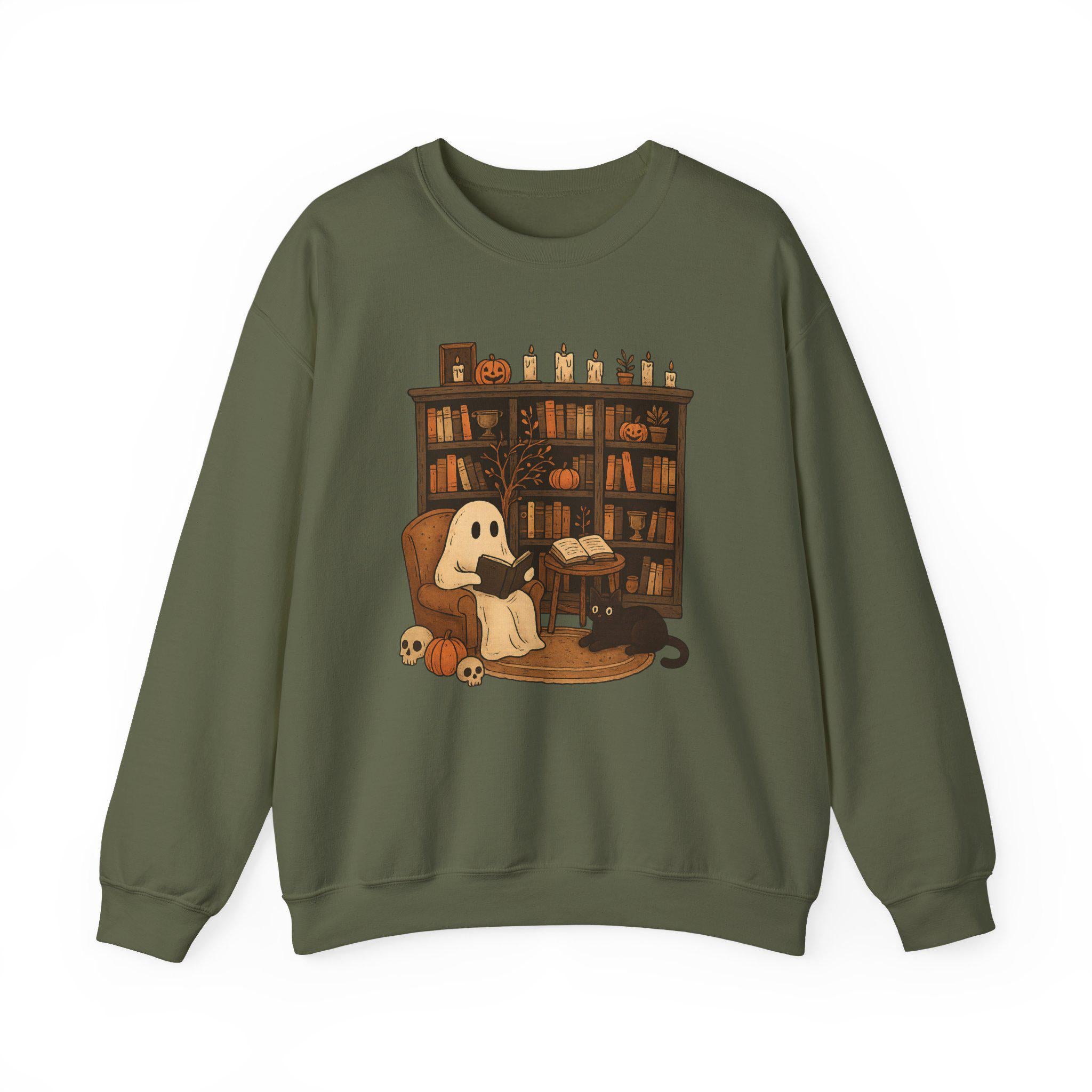 Cozy Halloween Sweatshirt with Ghost and Book Design, Fall Fashion, Spooky Season Essential, Gift for Book Lovers
