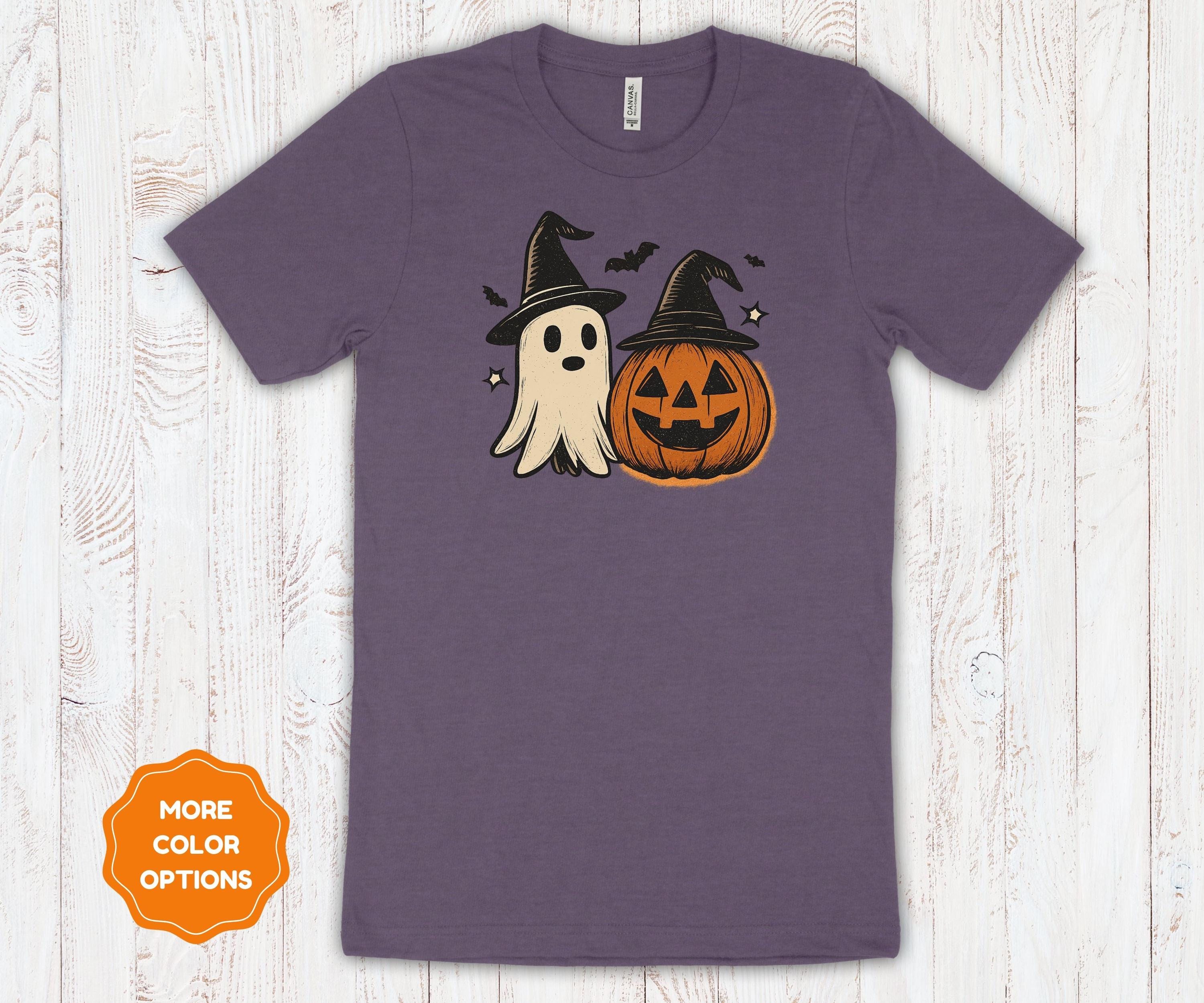 Ghost And Pumpkin Halloween T-Shirt   Vintage Distressed Witch Hat Graphic Tee   Spooky Fall Shirt for Halloween Party