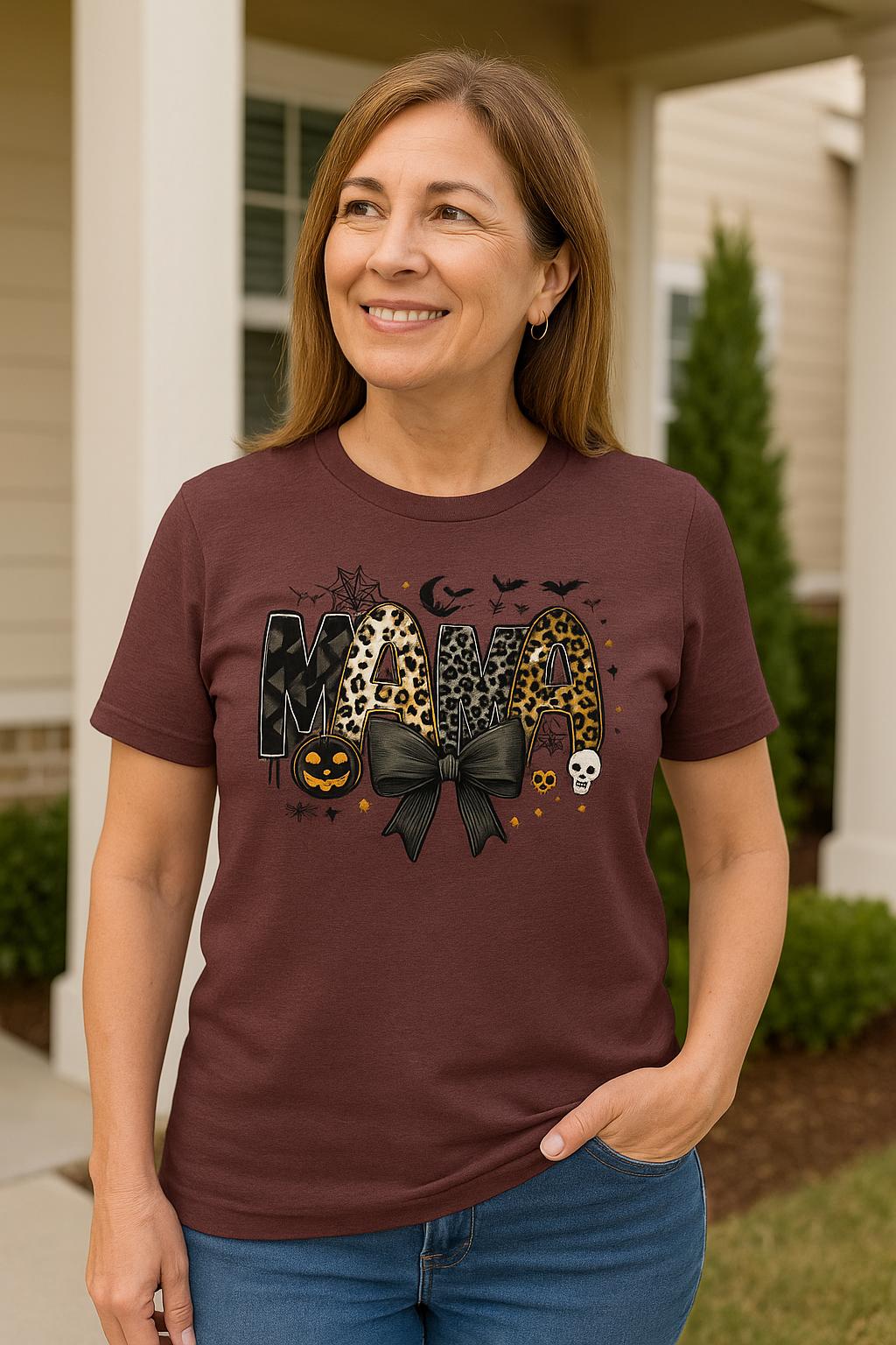 Mama Halloween Shirt | Leopard Print Pumpkin Ghost Graphic Cotton Tee