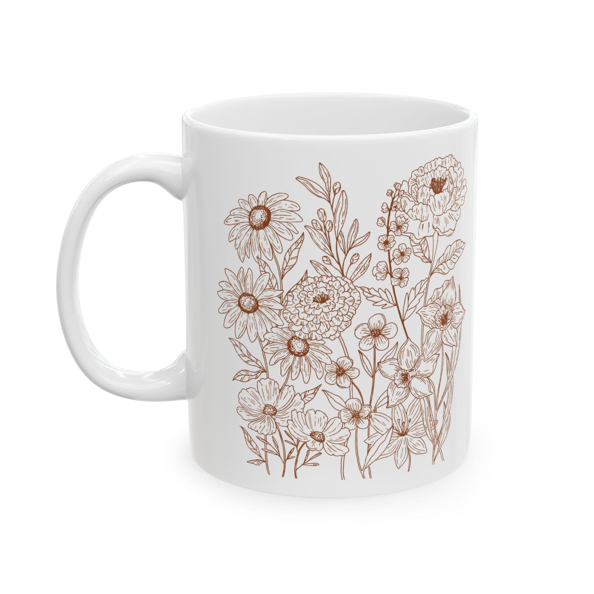 Floral Design Ceramic Mug, Botanical Coffee Cup, Gift for Her, Tea Lovers Mug, Flower Motif Drinkware